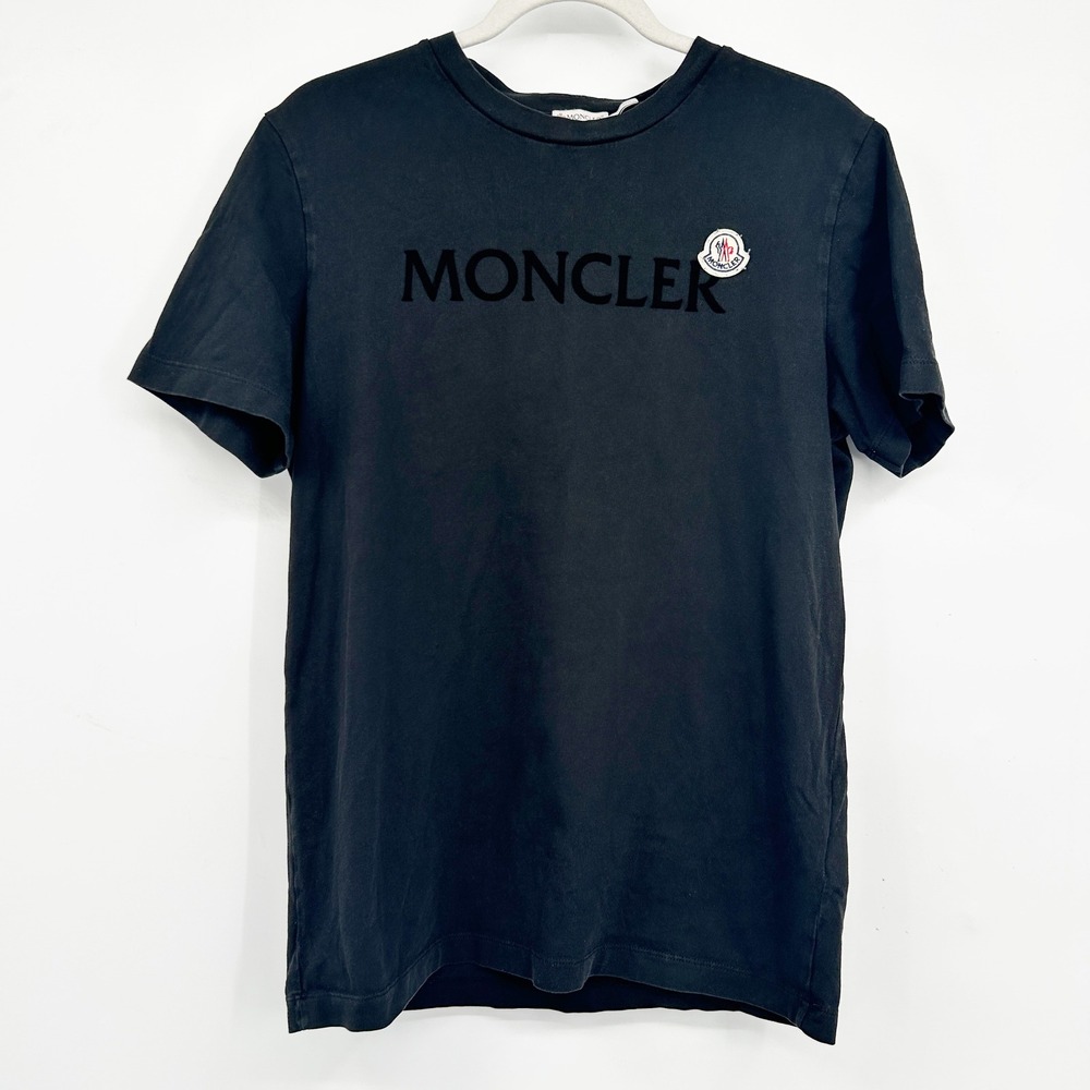 Moncler Mens Black Flocked Logo Luxury Designer Streetwear Cotton T-Shirt Size M